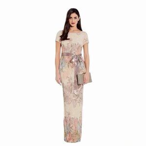 Adrianna Papell Floral Blush Column Gown, Jacquard with Slit & Ribbon Tie Detail